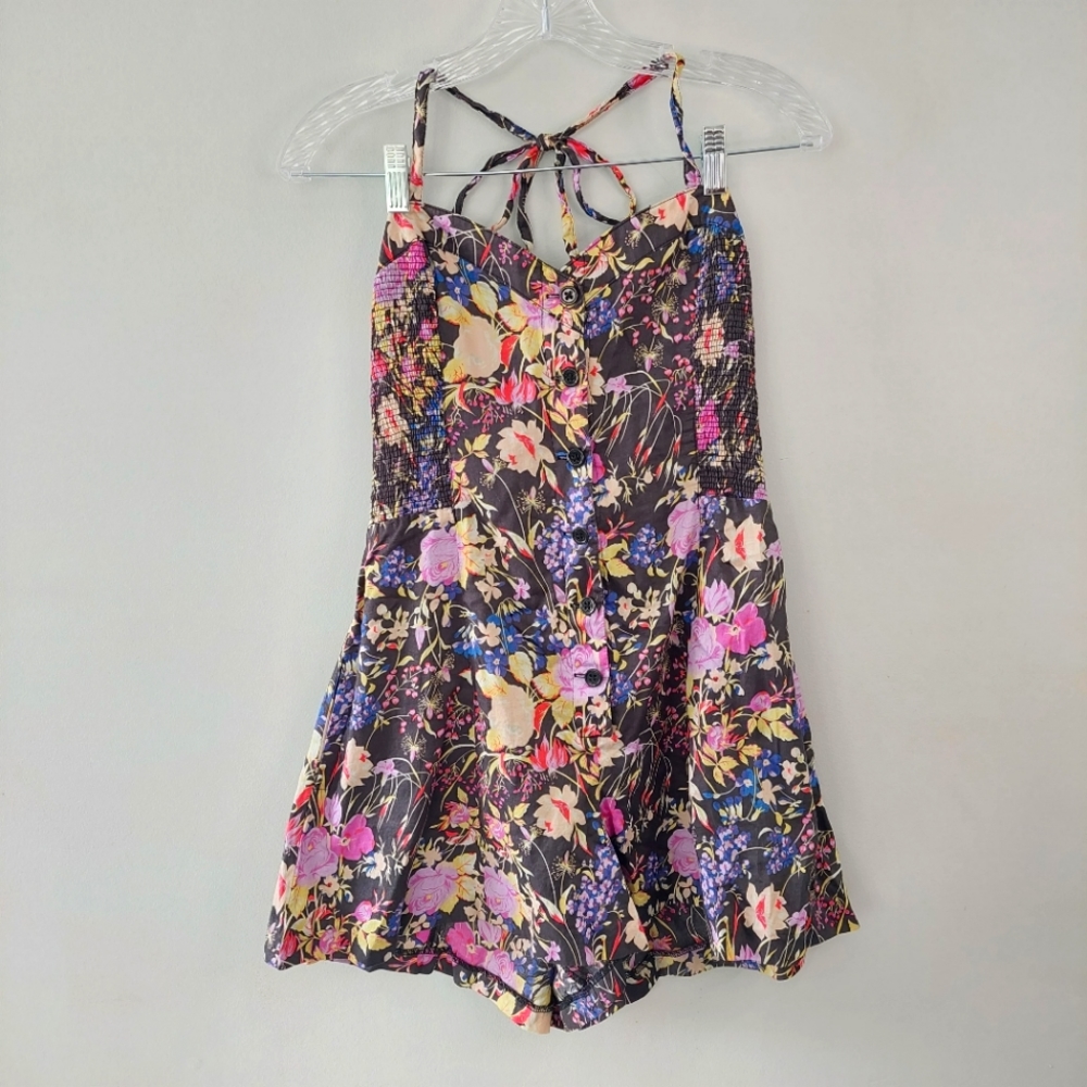 Free People romper size 12 black floral halter neck button front smocked sides